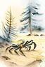 Placeholder: Scorpion on a cold northern beach with pine trees and greybrown sand. Cheery dreamy watercolor