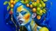 Placeholder: blue background, Punk Woman 49 years old, hair made of Fruits, Grapes, tangerines, gold, gouache, watercolor, acrylic, paint drips, branches, fine drawing, golden makeup, bees, tattoo, alien, bright colors, fine drawing, double exposure , high detail, high resolution, 8K, 3D, bees,