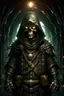 Placeholder: zombie warlock with leather armor and hood, covered with mushrooms in a dark tunnel, quarterstaff, spider on shoulder, digital art, realistic