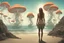 Placeholder: woman in a form-fitting outfit, standing on a beach of an alien world, watching mushrooms with jellyfish tentacles in the sky, photorealistic, Deep Colour, Fantastical, Intricate Detail, sunshine