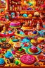 Placeholder: surrealistic image of toys baking and decorating delicious treats in a toy-sized bakery. You can have toy chefs decorating cupcakes, rolling out dough for cookies, and frosting cakes. Surround them with an assortment of mouth-watering pastries and candies.