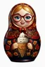 Placeholder: draw a Russian matryoshka doll in the style of Khokhloma, the matryoshka is smiling, the matryoshka has a smartphone in her hands, a frontal angle, a picture on a white background, the matryoshka is drawn entirely, a highly detailed 3d picture