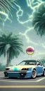 Placeholder: 1980's aesthetic vaporwave palm trees and spheres and Porsche with lightning