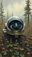Placeholder: A black scorpion on an astronaut helmet, in a forgotten battlefield overrun by vegetation, cutesy tiktok detailed oil painting, grainy, old style