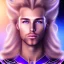 Placeholder: smiling beautifull long hair blond man face with cristal diamond on the forehead , cosmic armor and cosmic purple and blue sky behind