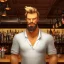 Placeholder: large broad shoulder man wearing a white shirt, big belly, messy blonde hair, comical, standing in a bar, illumination, brilliant coloring, smooth, sharp focus, crispy quality, vray; Artstation; HD, HDR, SF, CGSociety, 16k, photorealistic, unreal engine