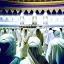 Placeholder: The scene in Mecca: People wearing white Ihram clothes, men without head coverings, women with veils, circumambulating around the Kaaba, and above them are transparent white spirits of children, men, and women with wings revolving around the Kaaba.