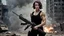 Placeholder: beautiful slender caucasian female technician with a knife, black tank top, well toned muscles, weathered face, scratched sand camo metal details, short brunette wavy bob haircut, dystopian, postapocalyptic city scene with smoke and explosions. giant robot in the background