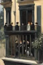 Placeholder: a photo realistic version of The Balcony (Le Balcon)Painting by Édouard Manet, whose main characters are the Addams Family