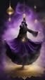 Placeholder: Hyper Realistic Sufi Whirling with Black, & Purple Islamic Sufi Rustic Grungy Background with golden crystals & fog around at night