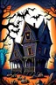 Placeholder: Spooky Halloween Haunts with ghosts pumpkins bats and old house in the background, cartoon style, thick lines, low detail, vivid color