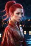 Placeholder: detailed eyes, female elf, red high ponytail hair, detailed glowing ornamental magical pattern robe, glowing gem crackling with lightning implanted on robe, 8k, high detail, lake background, midnight, facing viewer, front facing