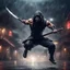 Placeholder: Hyper Realistic muscular-masked-ninja-warrior jumping & training with his swords in a dark-heavy-rainy-night