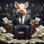 Placeholder: rich pig in suit on a throne making stacks of money by making a deal with a buisnessman. background of musicians. baksinski style