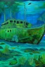 Placeholder: A bluish green shipwreck in deep underwater designed in Australian aboriginal art painted by Paul Gauguin