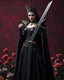 Placeholder: Beautiful Gothic Queen Vampire,length image angle distance dystopian hold the wonderfully stainless steel bright shine shiny metal craft standing pose luxury king engrave sword,sorrounded roses flowers background