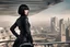 Placeholder: girl wearing black leather, shoulder-length bob, with fringe, in a science fiction building leaning over a balcony, looking at a large city