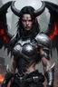 Placeholder: demon female, head to hip shot, red eyes, 30 years old, black shoulder length hair, muscular, buffed, 2 bull horn, dark fleshy wing, wearing silver chainmail, realism, realistic, 8k, warzone background