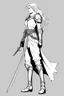Placeholder: [style ligne claire de Moebius] La silhouette d'une femme paladin vêtue d'une tunique en lin, elle s'appuie sur sa longue épée avec ses gants en cuir, elles est de profile, le visage caché par ses cheuveux, elle porte des bottes en fourrure qui montent sur ses mollets.
