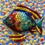 Placeholder: whimsical blown glass fish with a rainbow-hued, mosaic finish, early 20th century Art Deco. Elegant and intricate detailing super realistic