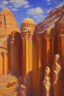 Placeholder: A beautiful impressionist painting by Monet. Impressionism oil painting of the monastery in Petra in Jordan.
