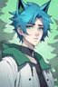 Placeholder: Androgynous character with short and messy Electric blue hair and wolf ears. Blue eye, green eye. bored, aloof, Japanese background, RWBY animation style