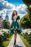 Placeholder: fullbody girl makeup wearing a dark green-silver victorian short dress walking in moder city of 2040 park ,flowers ,pretty clouds in blue sky,city escape.