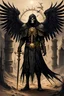 Placeholder: older skeleton, angry, dressing a long black, dirty and old tunique, dirty hood, long old and dirty sleeves, big dirty black bird style wings, black old and dirty armor, golden neck lace, big key and sand clock, hells gate behind, darkness, dusty.