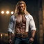 Placeholder: handsome warrior king, muscular, long blonde hair, male age 30, wearing jeans and a white shirt, tan skin, tattoos,photorealistic 4k dark fantasy