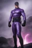 Placeholder: Kent Walker aka THE PHANTOM, Strong, athletic physique, Flexing poses, skin-tight, formfitting purple nylon-leather bodysuit, skin-tight, formfitting purple cowl, black utility belt, double holstered pistol belt, black knee-high boots, glowing white eyes, battle scars, blood, ((foggy, cloudy background, multicolored lightning, flowing lava, Full Eclipse, aliens, explosions, bright, vibrant, extremely colorful, detailed, blood red skies))