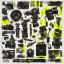 Placeholder: elements of photographic equipment. poster graphics. high detailed. ink and acrylic. black, green and yellow