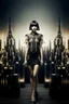 Placeholder: full body picture of a skinny woman with a bob, a fringe black hairstyle, 1920s flapper clothing, futuristic city background