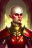 Placeholder: Portrait, fantasy setting, 22-year old female cleric, shaved head , wearing armour and a beaded red necklace