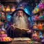 Placeholder: wise friendly wizard with great knowledge in a magic shop, magical treats and candy in jars, magical books and wands everywhere, confused face, bright vibrant colors, glowing sparkle particles, dark tone, sharp focus, high contrast, 8k resolution, incredible depth, shallow depth of field, dramatic lighting, beautifully intricate details, clean environment, epic dynamic scene