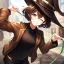 Placeholder: Clear focus, High resolution, short brown spiky hair, hair between eyes, eyes closed, wearing a brown detective hat, wearing a brown jacket and a black shirt, wearing black shorts, 1girl, pulling at down, smiling