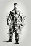 Placeholder: a strong man standing and the great power looks directly to the camera with white background full in Abstract style