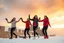 Placeholder: a group of Turkish young ladys in sports pants and blouse winter jacket are dancing in Babak Castle in Iran west north ,cloudy sun set sky,snowy environment