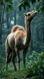 Placeholder: A camel standing with of a dinosaur eating grass from the ground in a dramatic scene in a dense forest with A FIR BRUNCH under the rain. A camle The background should feature raindrops falling around the leaves.