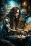 Placeholder: A ultra realistic poster of a rock and roll tattooed long hair guy playing the piano , having word sign as “street art ”, by Daniel Castan Carne Griffiths Andreas Lie Russ Mills Leonid Afremov, black background, fine lines draw, smile, standing in the temple