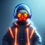 Placeholder: Bird toddler, smile, cyberpunk headphone, sunglass, gangsta neckless, full body, orange puffer jacket, tokio background, dramatic lighting, hyper realistic, unreal engine 5, 16k