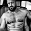 Placeholder: full body shot photography of an Italian sicilian taxi driver burly ugly sitting in the taxi, chubby tired 45 years old driving shirtless, bullneck, thin gold chains, short beard, sweat, short hair, bulge, robust, manly chest, looking down, big shoulders,, photorealistic, side light, ambient occlusion, tired eyes. 35mm lens, internal view inside the Taxi