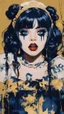 Placeholder: Poster in two gradually, a one side malevolent goth vampire girl face and other side the Singer Melanie Martinez face, painting by Yoji Shinkawa, darkblue and gold tones,