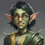 Placeholder: dnd, portrait of cute young orc-elf femboy, black hair, short hair, curled hair, hair covering one eye, emo hair, round glasses, tusks, sharp teeth, yellow eyes, flat chest, mage, magic, nose ring, pierced ears, twink, smile, sharp teeth, all green skin, round face, small nose, shy, green ears, green lips, green nose