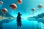 Placeholder: woman standing next to a lake, in an alien forest, flying mushrooms with jellyfish tenacles in a blue sky