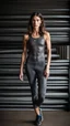 Placeholder: photography of a beautiful anorexic woman, anthracite satin triathlon top, sports illustrated, brunette short wavy bob haircut, pronounced sternum, flat chest, anthracite short leggins