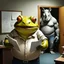 Placeholder: photo of a fat yellow-green color anthropomorphic frog in simple human cloths and take between his hands many paper in office, on the wall hang an wall board with some written sheets of paper, in background standing an anthropomorphic strong gray rhinoceros in blue jeans and in t-shirt behind in halb open door , dark colors, detailed 3d, sci-fi, fantasy mood