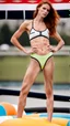 Placeholder: beautiful anorexic woman, standing, onepiece triathlon swimsuit, medium length wavy haircut, red hair