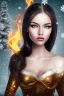 Placeholder: portrait young lady with big bobs black hairs Christmas in the snow and fire