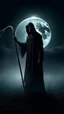 Placeholder: mysterious, hooded figure with a scythe, standing in a misty graveyard under a full moon. The figure should be shrouded in darkness, with only the eerie glow of their eyes and the blade of the scythe visible.