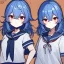 Placeholder: Clear focus, High resolution, rough line sketch art, cute, cartoon, medium blue hair, hair between eyes, fluffy hair, red eyes, wearing a sailor uniform